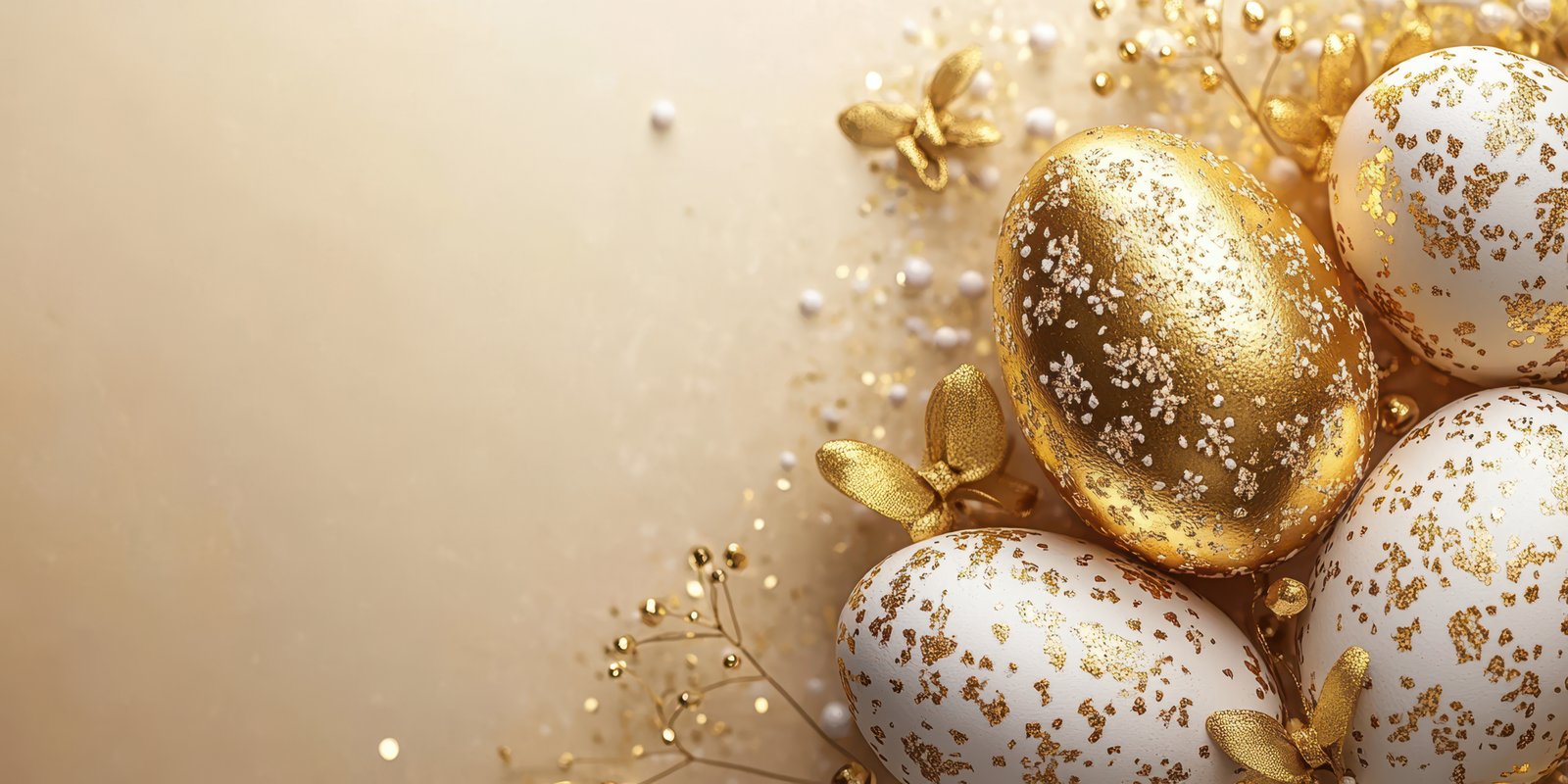 Beautifully decorated Easter eggs with golden accents and delicate floral arrangements on a soft background
